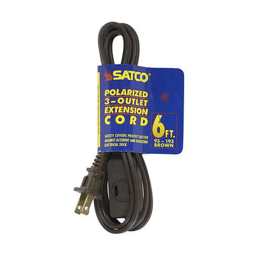 Satco 93-193, 6 Foot Extension Cord, 13A, 125V, 1625W Rating, Brown Finish, 16/2 SPT-2, Indoor Only