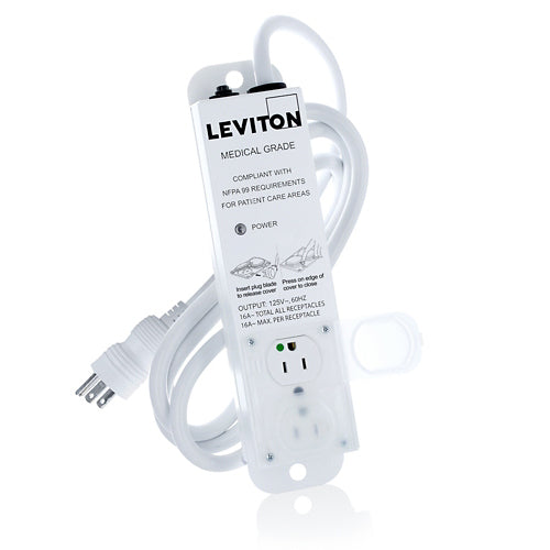 Leviton 5302M-1N7, Medical Grade Power Strip with 2 NEMA 5-15R Outlets with Locking Covers, 7-FT Power Cord, 15 Amp (12 Amp Max Continuous Load) 125VAC, Special Purpose Relocatable Power Tap (SPRPT)