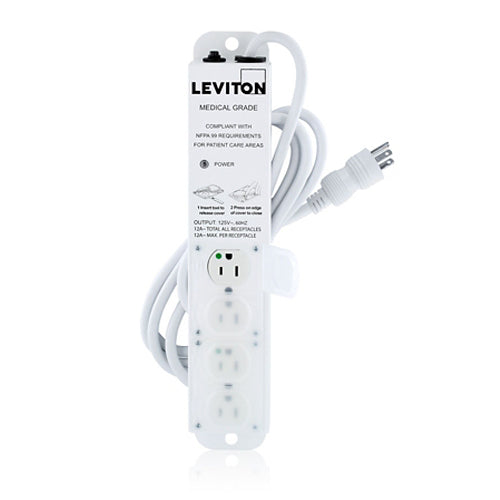 Leviton 5304M-1N7, Medical Grade Power Strip with 4 NEMA 5-15R Outlets with Locking Covers, 7-FT Power Cord, 15 Amp (12 Amp Max Continuous Load) 125VAC, Special Purpose Relocatable Power Tap (SPRPT)