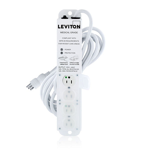 Leviton 5304M-1S5, Medical Grade Surge Protective Power Strip with 4 NEMA 5-15R Outlets with Locking Covers, 15-FT Power Cord, 15 Amp (12 Amp Max Continuous Load) 125VAC, Special Purpose Relocatable Power Tap (SPRPT)