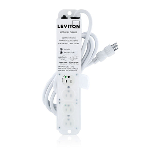 Leviton 5304M-1S7, Medical Grade Surge Protective Power Strip with 4 NEMA 5-15R Outlets with Locking Covers, 7-FT Power Cord, 15 Amp (12 Amp Max Continuous Load) 125VAC, Special Purpose Relocatable Power Tap (SPRPT)