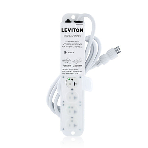 Leviton 5304M-2N7, Medical Grade Power Strip with 4 NEMA 5-20R Outlets with Locking Covers, 7-FT Power Cord, 20 Amp (16 Amp Max Continuous Load) 125VAC, Special Purpose Relocatable Power Tap (SPRPT)