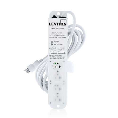 Leviton 5304M-2S5, Medical Grade Surge Protective Power Strip with 4 NEMA 5-20R Outlets with Locking Covers, 15-FT Power Cord, 20 Amp (16 Amp Max Continuous Load) 125VAC, Special Purpose Relocatable Power Tap (SPRPT)