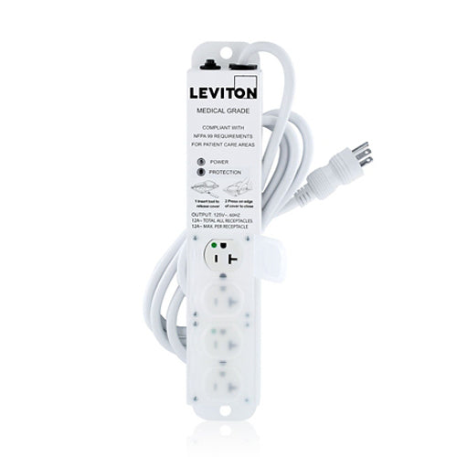 Leviton 5304M-2S7, Medical Grade Surge Protective Power Strip with 4 NEMA 5-20R Outlets with Locking Covers, 7-FT Power Cord, 20 Amp (16 Amp Max Continuous Load) 125VAC, Special Purpose Relocatable Power Tap (SPRPT)