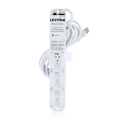 Leviton 5306M-1N5, Medical Grade Power Strip with 6 NEMA 5-15R Outlets with Locking Covers, 15-FT Power Cord, 15 Amp (12 Amp Max Continuous Load) 125VAC, Special Purpose Relocatable Power Tap (SPRPT)