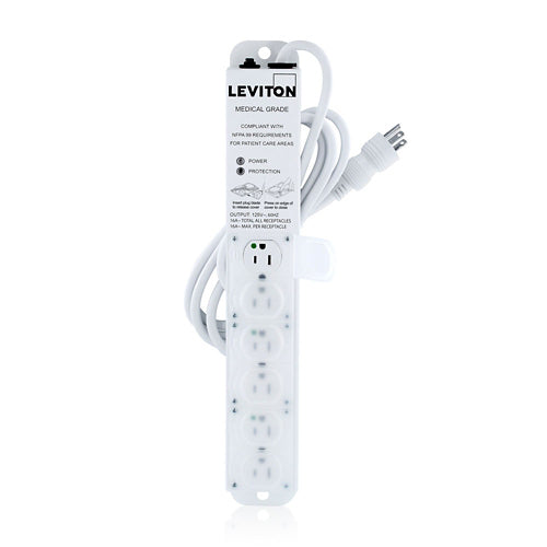Leviton 5306M-1S7, Medical Grade Surge Protective Power Strip with 6 NEMA 5-15R Outlets with Locking Covers, 7-FT Power Cord, 15 Amp (12 Amp Max Continuous Load) 125VAC, Special Purpose Relocatable Power Tap (SPRPT)