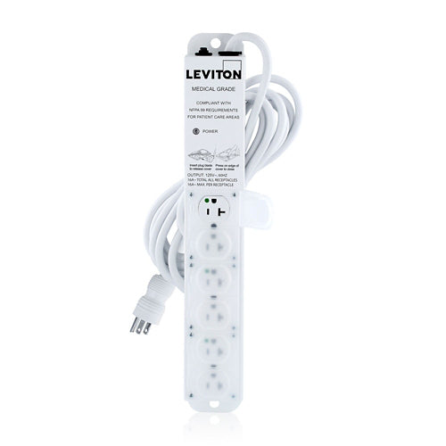 Leviton 5306M-2N5, Medical Grade Power Strip with 6 NEMA 5-20R Outlets with Locking Covers, 15-FT Power Cord, 20 Amp (16 Amp Max Continuous Load) 125VAC, Special Purpose Relocatable Power Tap (SPRPT)