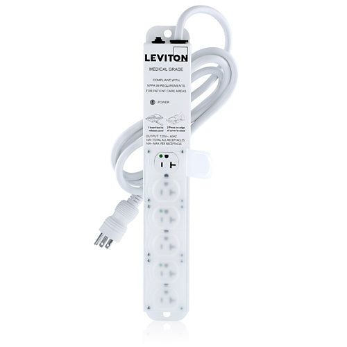 Leviton 5306M-2N7, Medical Grade Power Strip with 6 NEMA 5-20R Outlets with Locking Covers, 7-FT Power Cord, 20 Amp (16 Amp Max Continuous Load) 125VAC, Special Purpose Relocatable Power Tap (SPRPT)