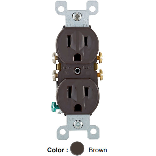 Leviton 5320-CP, Standard Straight Blade Duplex Receptacle with Ears, Residential Grade, 15A 125V, NEMA 5-15R, 2-Pole, 3-Wire, Grounding, Quickwire Push-In & Side Wired, Brown, 5 Packs