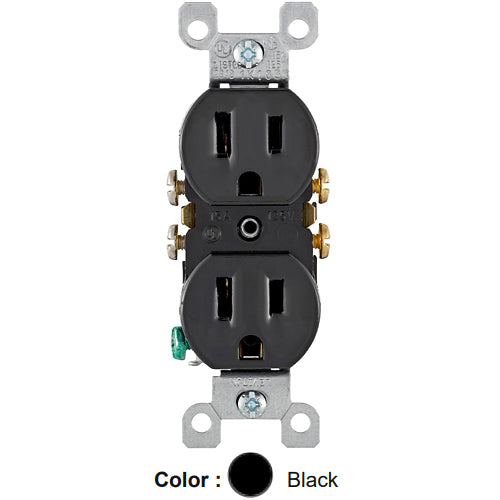Leviton 5320-ECP, Standard Straight Blade Duplex Receptacle with Ears, Residential Grade, 15A 125V, NEMA 5-15R, 2-Pole, 3-Wire, Grounding, Quickwire Push-In & Side Wired, Black, 5 Packs
