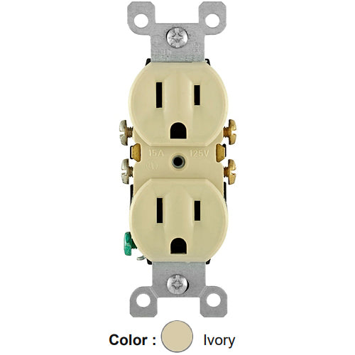 Leviton 5320-ICP, Standard Straight Blade Duplex Receptacle with Ears, Residential Grade, 15A 125V, NEMA 5-15R, 2-Pole, 3-Wire, Grounding, Quickwire Push-In & Side Wired, Ivory, 5 Packs