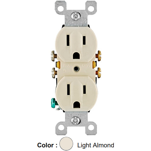 Leviton 5320-TCP, Standard Straight Blade Duplex Receptacle with Ears, Residential Grade, 15A 125V, NEMA 5-15R, 2-Pole, 3-Wire, Grounding, Quickwire Push-In & Side Wired, Light Almond, 5 Packs