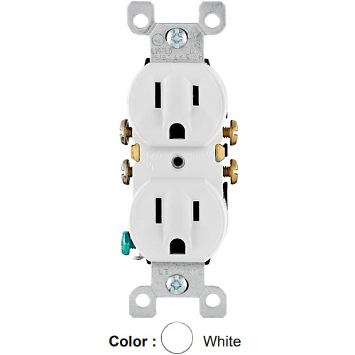 Leviton 5320-WCP, Standard Straight Blade Duplex Receptacle with Ears, Residential Grade, 15A 125V, NEMA 5-15R, 2-Pole, 3-Wire, Grounding, Quickwire Push-In & Side Wired, White, 10 Packs