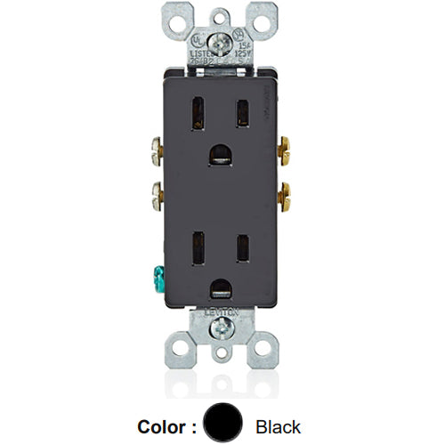 Leviton 5325-E, Decora Straight Blade Duplex Receptacle, Residential Grade, 15A 125V, NEMA 5-15R, 2-Pole, 3-Wire, Quickwire Push-In & Side Wired, Black, 3 Packs