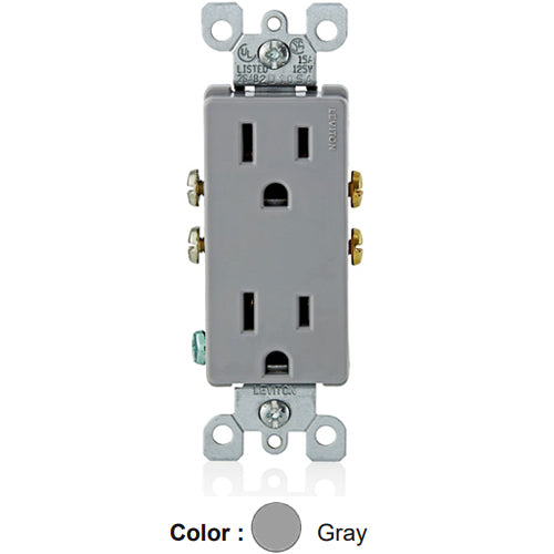 Leviton 5325-GY, Decora Straight Blade Duplex Receptacle, Residential Grade, 15A 125V, NEMA 5-15R, 2-Pole, 3-Wire, Quickwire Push-In & Side Wired, Gray, 3 Packs