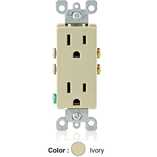 Leviton 5325-I, Decora Straight Blade Duplex Receptacle, Residential Grade, 15A 125V, NEMA 5-15R, 2-Pole, 3-Wire, Quickwire Push-In & Side Wired, Ivory, 3 Packs