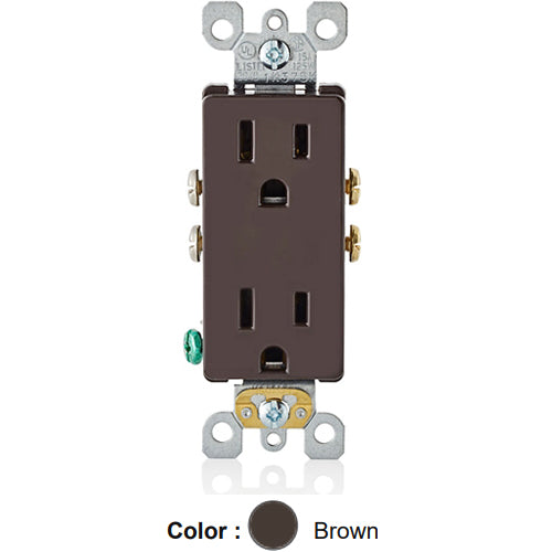 Leviton 5325-S, Decora Straight Blade Duplex Receptacle, Residential Grade, 15A 125V, NEMA 5-15R, 2-Pole, 3-Wire, Self-Grounding, Quickwire Push-In & Side Wired, Brown, 2 Packs