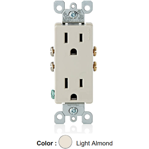 Leviton 5325-T, Decora Straight Blade Duplex Receptacle, Residential Grade, 15A 125V, NEMA 5-15R, 2-Pole, 3-Wire, Quickwire Push-In & Side Wired, Light Almond, 3 Packs