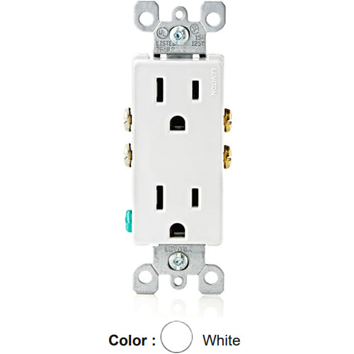 Leviton 5325-W, Decora Straight Blade Duplex Receptacle, Residential Grade, 15A 125V, NEMA 5-15R, 2-Pole, 3-Wire, Quickwire Push-In & Side Wired, White, 3 Packs