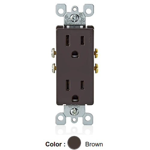 Leviton 5325, Decora Straight Blade Duplex Receptacle, Residential Grade, 15A 125V, NEMA 5-15R, 2-Pole, 3-Wire, Quickwire Push-In & Side Wired, Brown, 3 Packs