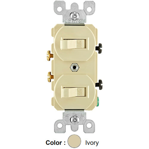 Leviton 5334-I, Duplex Style Single-Pole/Single-Pole AC Combination Switch, Commercial Grade, 20 Amp, 120/277 Volt, Non-Grounding, Side Wired, Ivory