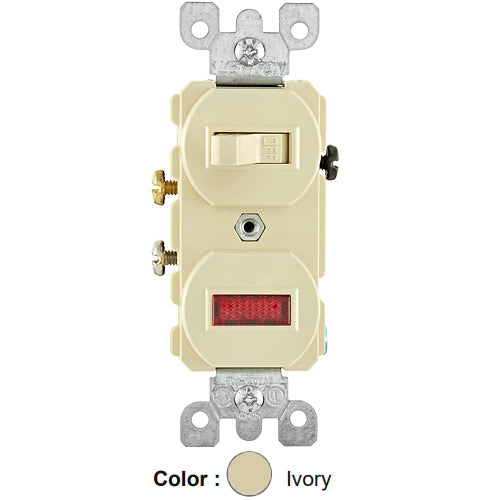 Leviton 5336-I, Duplex Style Single-Pole/Neon Pilot AC Combination Switch, Commercial Grade, 20 Amp, 120 Volt, Non-Grounding, Side Wired, Ivory