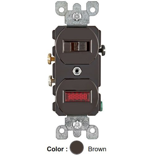 Leviton 5336, Duplex Style Single-Pole/Neon Pilot AC Combination Switch, Commercial Grade, 20 Amp, 120 Volt, Non-Grounding, Side Wired, Brown