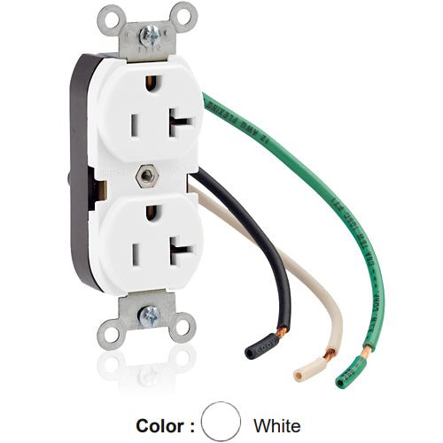 Leviton 5340-W, Standard Straight Blade Duplex Receptacle, Commercial Specification Grade, Smooth Face, 20A 125V, NEMA 5-20R, 2-Pole, 3-Wire, Pre-Wired Leads, White