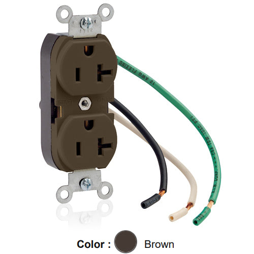 Leviton 5340, Standard Straight Blade Duplex Receptacle, Commercial Specification Grade, Smooth Face, 20A 125V, NEMA 5-20R, 2-Pole, 3-Wire, Pre-Wired Leads, Brown