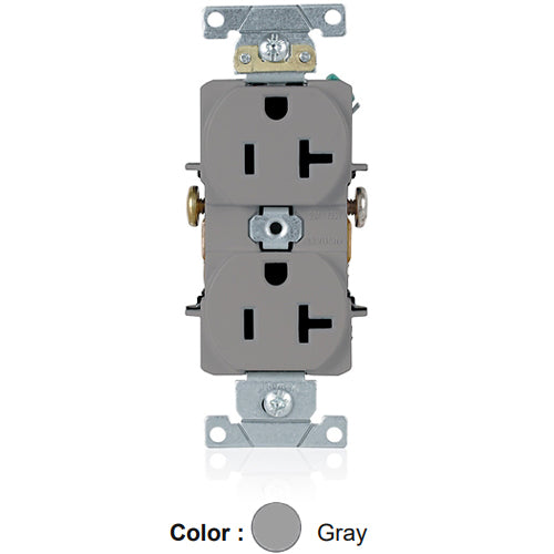 Leviton 5342-GY, Standard Straight Blade Duplex Receptacle, Heavy-Duty Industrial Specification Grade, Smooth Face, 20A 125V, NEMA 5-20R, 2-Pole, 3-Wire, Side Wire Only, Gray