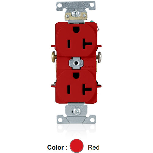 Leviton 5342-R, Standard Straight Blade Duplex Receptacle, Heavy-Duty Industrial Specification Grade, Smooth Face, 20A 125V, NEMA 5-20R, 2-Pole, 3-Wire, Side Wire Only, Red