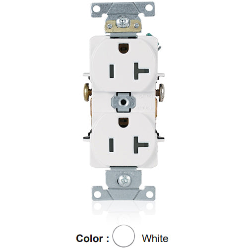 Leviton 5342-W, Standard Straight Blade Duplex Receptacle, Heavy-Duty Industrial Specification Grade, Smooth Face, 20A 125V, NEMA 5-20R, 2-Pole, 3-Wire, Side Wire Only, White