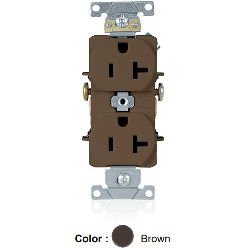 Leviton 5342, Standard Straight Blade Single Receptacle, Heavy-Duty Industrial Specification Grade, Smooth Face, 20A 125V, NEMA 5-20R, 2-Pole, 3-Wire, Side Wire Only, Brown