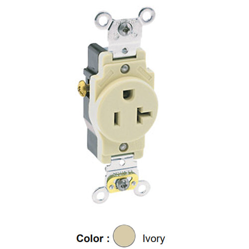 Leviton 5351-I, Standard Straight Blade Single Receptacle, Heavy-Duty Industrial Specification Grade, Smooth Face, 20A 125V, NEMA 5-20R, 2-Pole, 3-Wire, Side Wire Only, Ivory