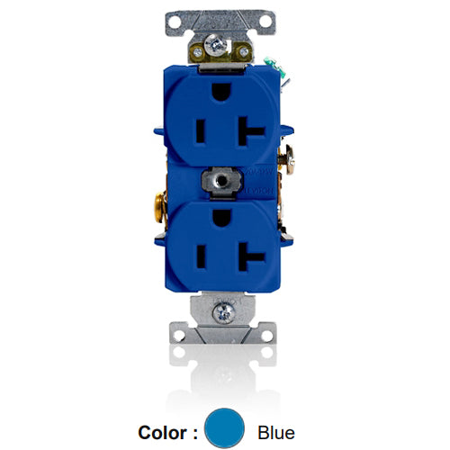 Leviton 5362-SBU, Standard Straight Blade Duplex Receptacle, Heavy-Duty Industrial Specification Grade, Smooth Face, 20A 125V, NEMA 5-20R, 2-Pole, 3-Wire, Back and Side Wire, Blue