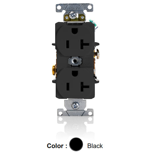 Leviton 5362-SE, Standard Straight Blade Duplex Receptacle, Heavy-Duty Industrial Specification Grade, Smooth Face, 20A 125V, NEMA 5-20R, 2-Pole, 3-Wire, Back and Side Wire, Black