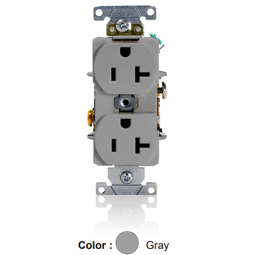Leviton 5362-GYS, Standard Straight Blade Duplex Receptacle, Heavy-Duty Industrial Specification Grade, Smooth Face, 20A 125V, NEMA 5-20R, 2-Pole, 3-Wire, Back and Side Wire, Gray