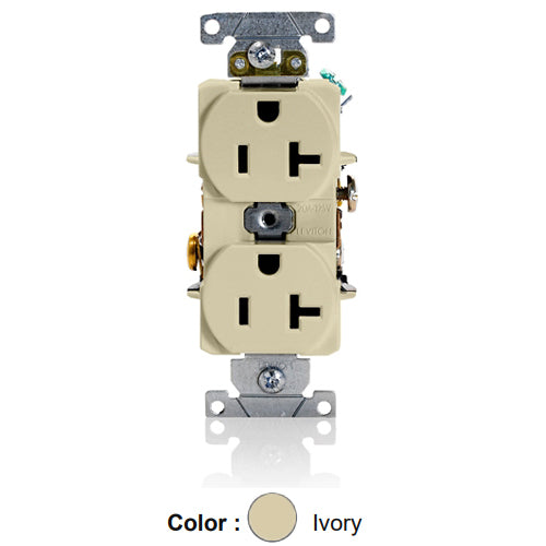Leviton 5362-SI, Standard Straight Blade Duplex Receptacle, Heavy-Duty Industrial Specification Grade, Smooth Face, 20A 125V, NEMA 5-20R, 2-Pole, 3-Wire, Back and Side Wire, Ivory