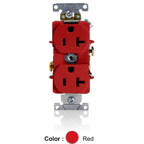 Leviton 5362-SR, Standard Straight Blade Duplex Receptacle, Heavy-Duty Industrial Specification Grade, Smooth Face, 20A 125V, NEMA 5-20R, 2-Pole, 3-Wire, Back and Side Wire, Red