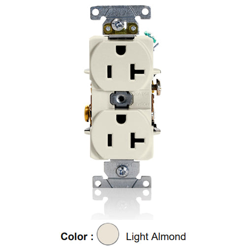 Leviton 5362-ST, Standard Straight Blade Duplex Receptacle, Heavy-Duty Industrial Specification Grade, Smooth Face, 20A 125V, NEMA 5-20R, 2-Pole, 3-Wire, Back and Side Wire, Light Almond