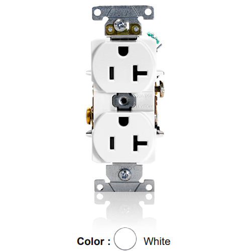Leviton 5362-SW, Standard Straight Blade Duplex Receptacle, Heavy-Duty Industrial Specification Grade, Smooth Face, 20A 125V, NEMA 5-20R, 2-Pole, 3-Wire, Back and Side Wire, White