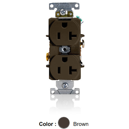 Leviton 5362-S, Standard Straight Blade Duplex Receptacle, Heavy-Duty Industrial Specification Grade, Smooth Face, 20A 125V, NEMA 5-20R, 2-Pole, 3-Wire, Back and Side Wire, Brown
