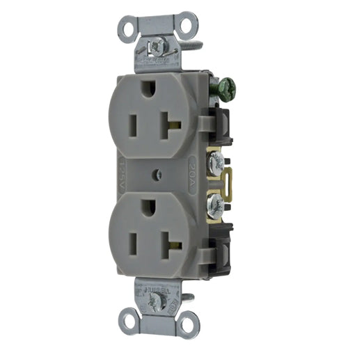 Hubbell-PRO 5352AG, Heavy Duty Duplex Receptacles, Smooth Face, Back and Side Wired, 20A 125V, 5-20R, 2-Pole 3-Wire Grounding, Gray