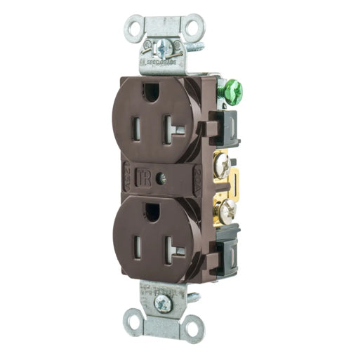 Hubbell-PRO 5352BTR, Heavy Duty Duplex Receptacles, Tamper Resistant, Smooth Face, Back and Side Wired, 20A 125V, 5-20R, 2-Pole 3-Wire Grounding, Brown