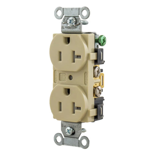 Hubbell-PRO 5352ITR, Heavy Duty Duplex Receptacles, Tamper Resistant, Smooth Face, Back and Side Wired, 20A 125V, 5-20R, 2-Pole 3-Wire Grounding, Ivory