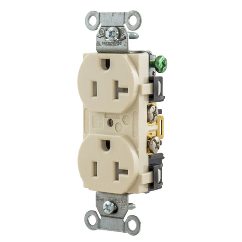 Hubbell-PRO 5352LATR, Heavy Duty Duplex Receptacles, Tamper Resistant, Smooth Face, Back and Side Wired, 20A 125V, 5-20R, 2-Pole 3-Wire Grounding, Light Almond