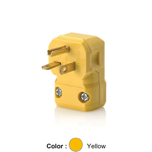 Leviton 5356-VA, Python Straight Blade Angle Plug, Industrial Grade, 20A 125V, NEMA 5-20P, 2-Pole, 3-Wire, Grounding, Yellow