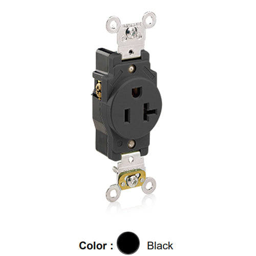 Leviton 5361-E, Standard Straight Blade Single Receptacle, Heavy-Duty Industrial Specification Grade, Smooth Face, 20A 125V, NEMA 5-20R, 2-Pole, 3-Wire, Back and Side Wire, Black