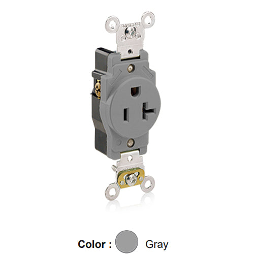 Leviton 5361-GY, Standard Straight Blade Single Receptacle, Heavy-Duty Industrial Specification Grade, Smooth Face, 20A 125V, NEMA 5-20R, 2-Pole, 3-Wire, Back and Side Wire, Gray