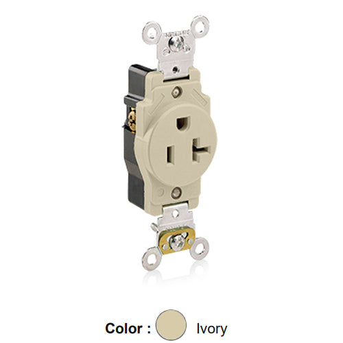 Leviton 5361-I, Standard Straight Blade Single Receptacle, Heavy-Duty Industrial Specification Grade, Smooth Face, 20A 125V, NEMA 5-20R, 2-Pole, 3-Wire, Back and Side Wire, Ivory